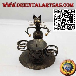 Wrought iron candle holder, the drummer cat
