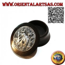 Cylindrical convex box in mahogany wood with nickel or silver plate of an elephant in the forest