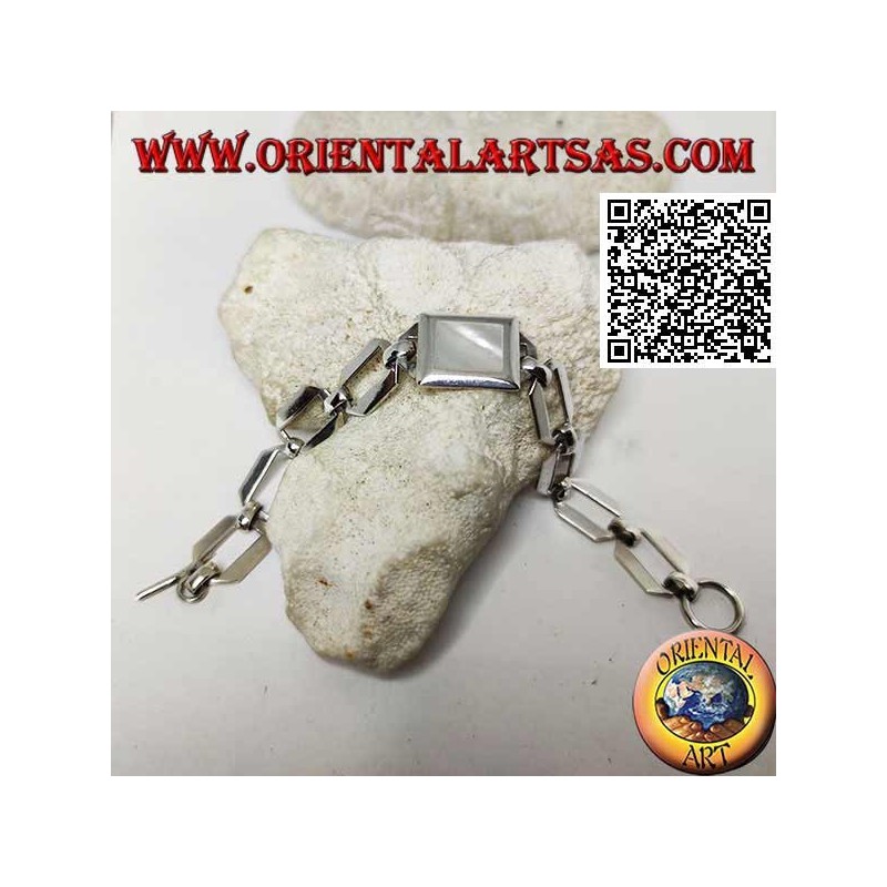 Silberkettenarmband mit quadratischen Ringen mit rechteckigem Perlmutt mit glatter Kante