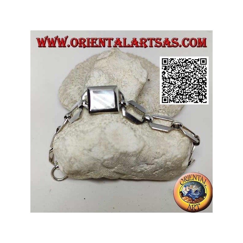 Silberkettenarmband mit quadratischen Ringen mit rechteckigem Perlmutt mit glatter Kante
