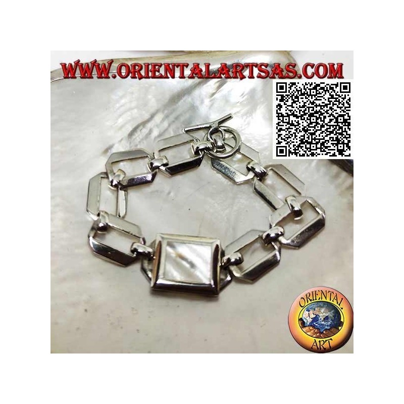 Pulsera de cadena de plata con anillos cuadrados con nácar rectangular con borde liso