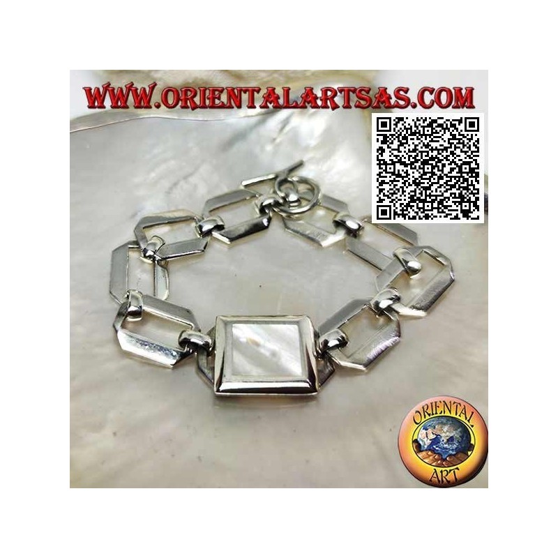 Silberkettenarmband mit quadratischen Ringen mit rechteckigem Perlmutt mit glatter Kante