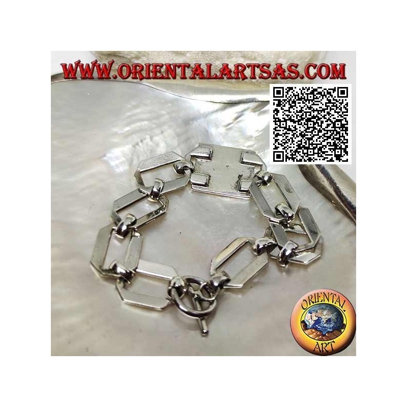 Silver chain bracelet with squared rings with rectangular mother of pearl with smooth edge
