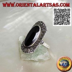 Silver ring with raised elongated oval onyx surrounded by marcasite