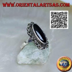 Silver ring with elongated oval onyx with a marcasite cloud frame