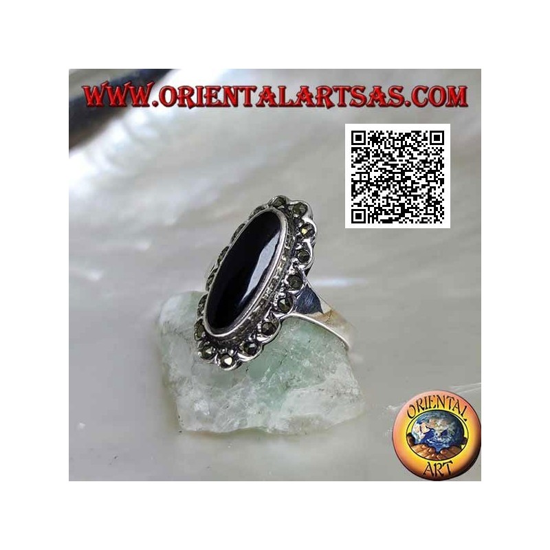Silver ring with elongated oval onyx with a marcasite cloud frame