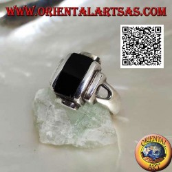 Silver ring with smooth overlapping rectangles and rectangular onyx