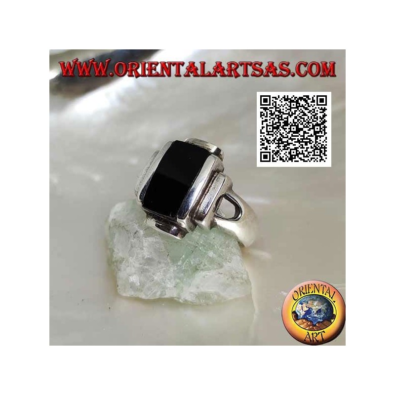 Silver ring with smooth overlapping rectangles and rectangular onyx
