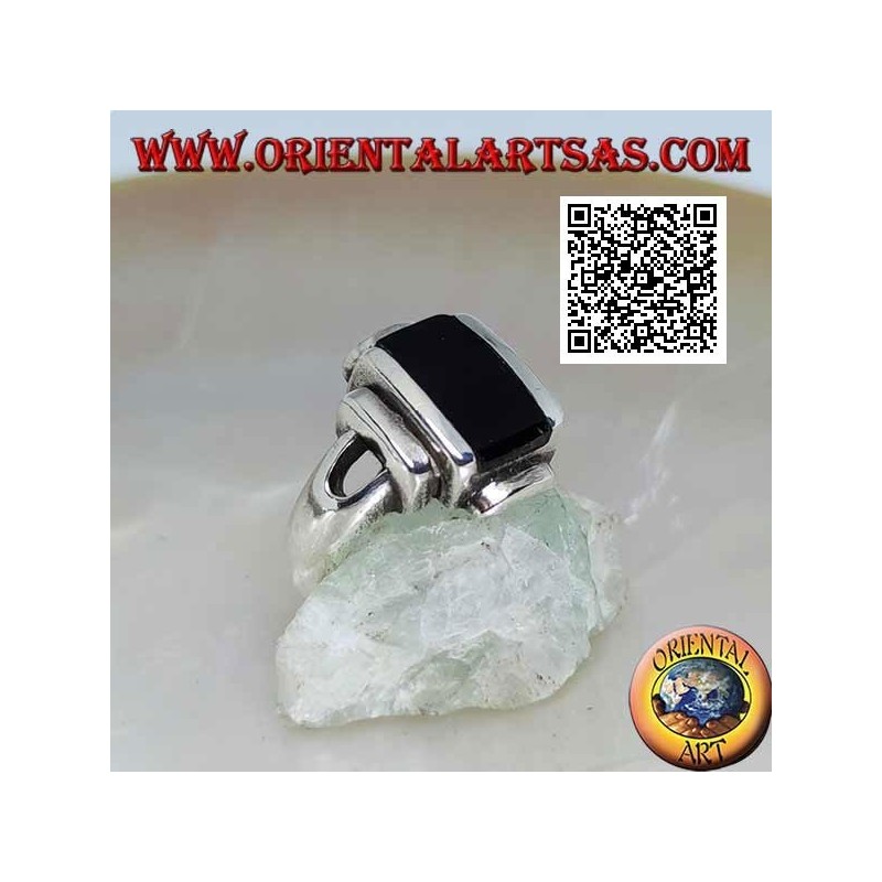 Silberring mit glatt überlappenden Rechtecken und rechteckigem Onyx