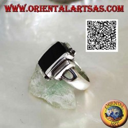 Silver ring with smooth overlapping rectangles and rectangular onyx