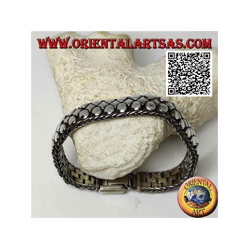 Flat, wide and smooth silver bracelet of discs and rhombuses of 20 cm x 12 * 5 mm