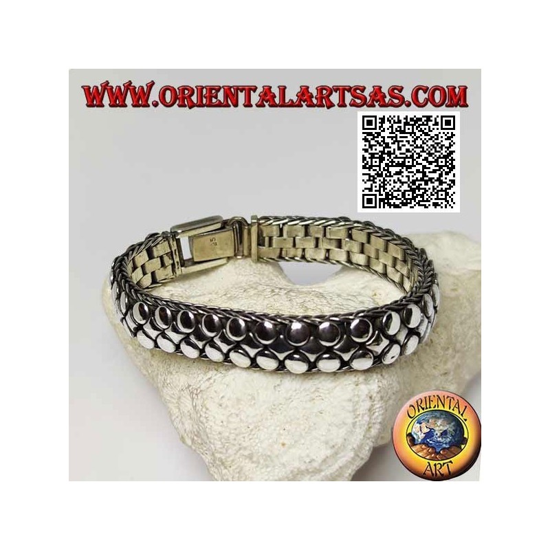 Flat, wide and smooth silver bracelet of discs and rhombuses of 20 cm x 12 * 5 mm