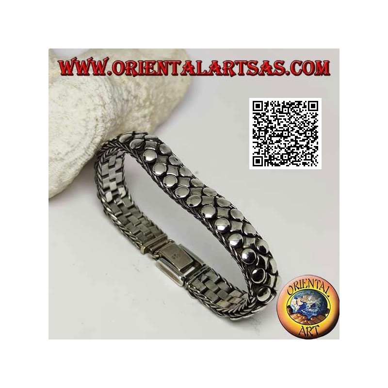 Bracelet argenté plat, large et lisse de disques et losanges 20cm x 12 * 5mm