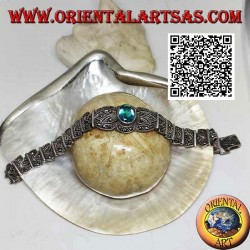 Pulseras de eslabones de plata con gran topacio azul ovalado facetado central tachonado de marcasita