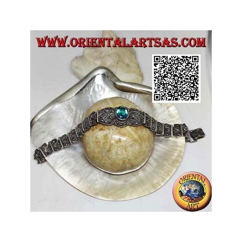 Bracelets à maillons en argent avec grande topaze bleue ovale facettée centrale parsemée de marcassite