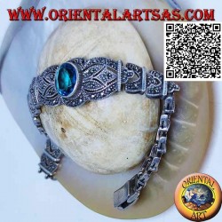 Pulseras de eslabones de plata con gran topacio azul ovalado facetado central tachonado de marcasita
