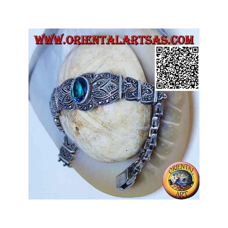 Pulseras de eslabones de plata con gran topacio azul ovalado facetado central tachonado de marcasita