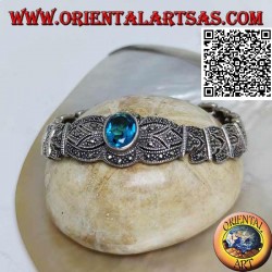 Silver link bracelets with large central faceted oval blue topaz studded with marcasite