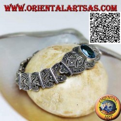 Pulseras de eslabones de plata con gran topacio azul ovalado facetado central tachonado de marcasita