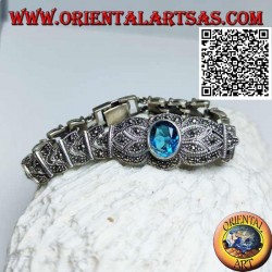 Pulseras de eslabones de plata con gran topacio azul ovalado facetado central tachonado de marcasita