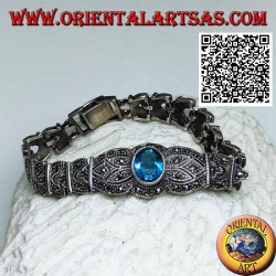 Pulseras de eslabones de plata con gran topacio azul ovalado facetado central tachonado de marcasita