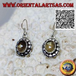 Silver earrings with oval cabochon natural yellow topaz surrounded by disks