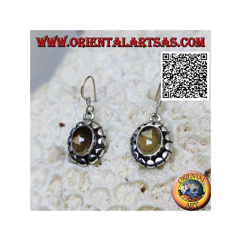 Boucles d'oreilles en argent avec topaze jaune naturelle cabochon ovale entouré de disques