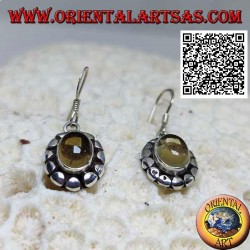 Pendientes de plata con topacio amarillo natural cabujón ovalado rodeado de discos