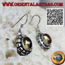 Boucles d'oreilles en argent avec topaze jaune naturelle cabochon ovale entouré de disques