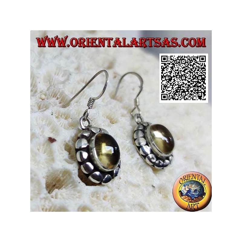 Silver earrings with oval cabochon natural yellow topaz surrounded by disks