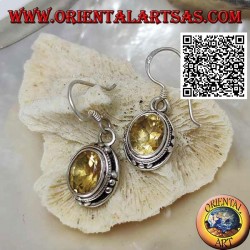 Silver earrings with natural oval yellow topaz and trio of balls on the four cardinal points