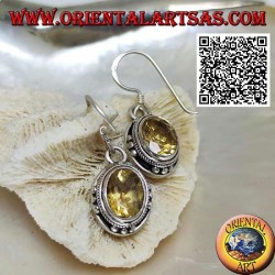 Silver earrings with natural oval yellow topaz and trio of balls on the four cardinal points
