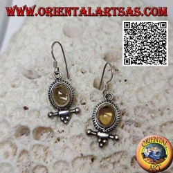 Silver earrings with oval cabochon natural yellow topaz surrounded by weaving and bar with balls underneath