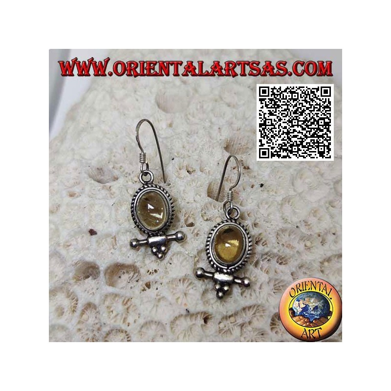 Silver earrings with oval cabochon natural yellow topaz surrounded by weaving and bar with balls underneath