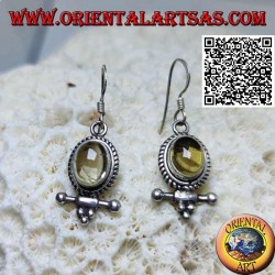 Silver earrings with oval cabochon natural yellow topaz surrounded by weaving and bar with balls underneath
