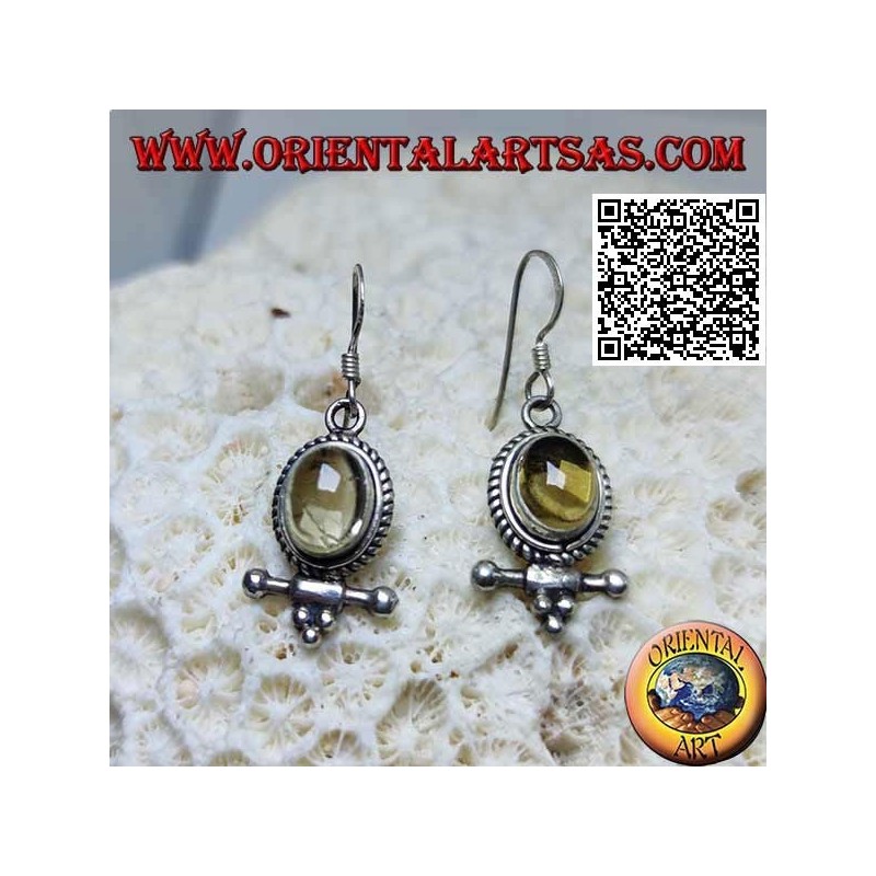 Boucles d'oreilles en argent avec topaze jaune naturelle cabochon ovale entouré de tissage et barre avec boules en dessous