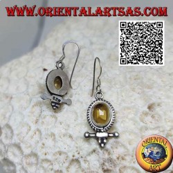 Silver earrings with oval cabochon natural yellow topaz surrounded by weaving and bar with balls underneath
