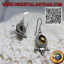 Silver earrings with oval cabochon natural yellow topaz surrounded by weaving and bar with balls underneath