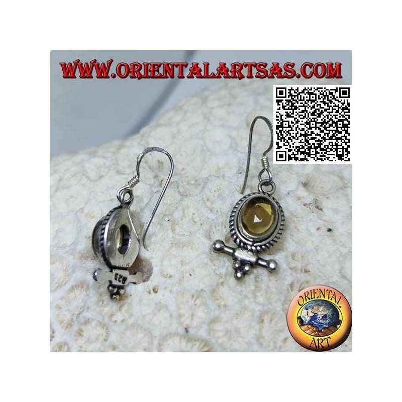 Pendientes de plata con cabujón ovalado de topacio amarillo natural rodeado de tejido y barra con bolas debajo