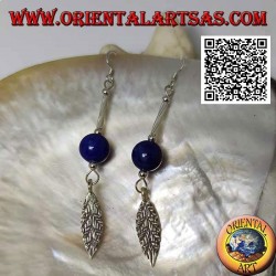 Silver dangle earrings with bar, lapis lazuli sphere and leaf