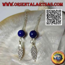 Pendientes colgantes de plata con barra, esfera de lapislázuli y hoja