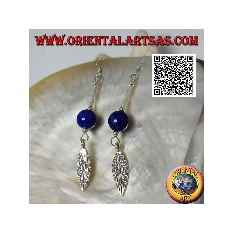 Boucles d'oreilles pendantes en argent avec barre, sphère de lapis lazuli et feuille