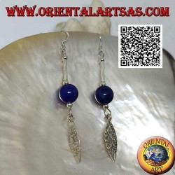 Boucles d'oreilles pendantes en argent avec barre, sphère de lapis lazuli et feuille