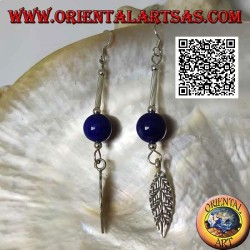 Silver dangle earrings with bar, lapis lazuli sphere and leaf