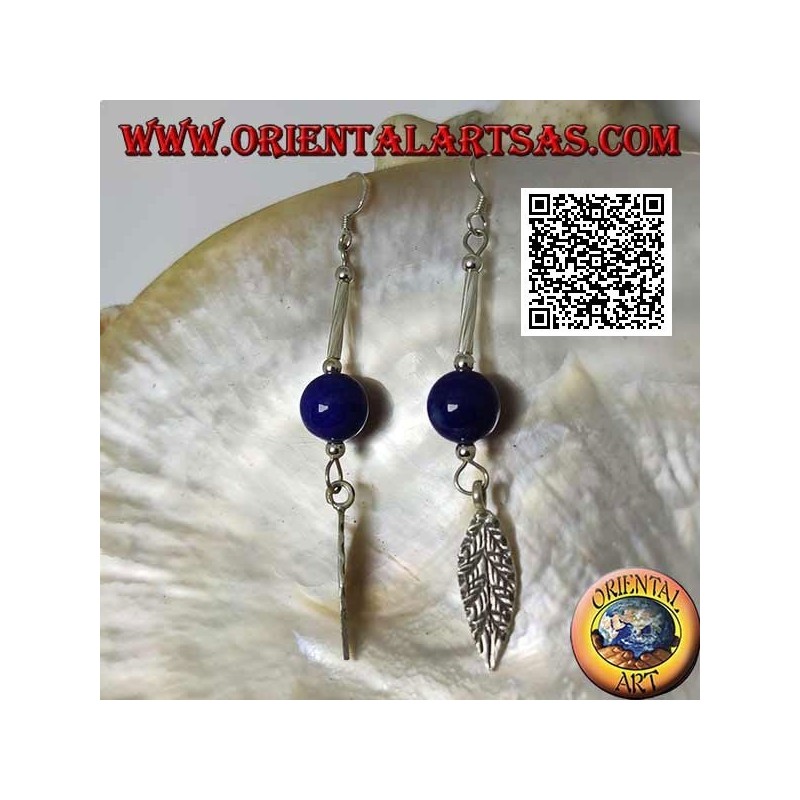 Silver dangle earrings with bar, lapis lazuli sphere and leaf