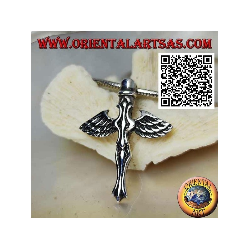 Silver cross pendant with sword and angel wings of St. Michael