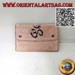 Tobacco and papers holder with internal zip and "Om", in 100% suede and clip closure (light pink)