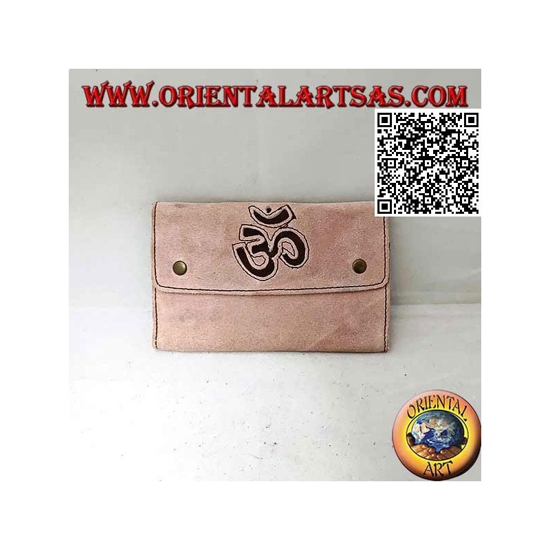 Tabak- und Papiertasche mit internem Reißverschluss und "Om" aus 100% Wildleder und Clipverschluss (hellrosa)