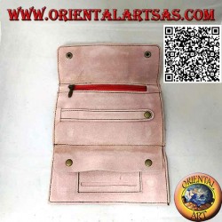 Tobacco and papers holder with internal zip and "Om", in 100% suede and clip closure (light pink)