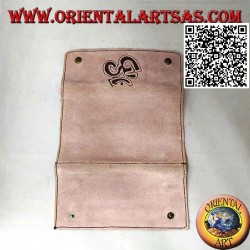 Porta papeles y tabaco con cremallera interna y "Om", en 100% ante y cierre de clip (rosa claro)
